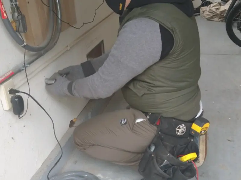 Electrician performing outlet wiring in a Newton garage